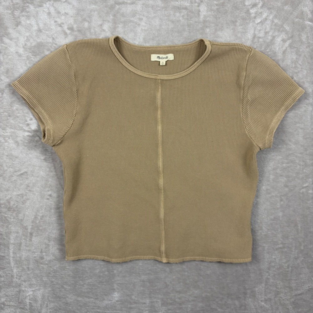 Madewell Womens XL Tan Waffle Knit Crop Short Sleeve Thermal Tee Shirt  Stetch